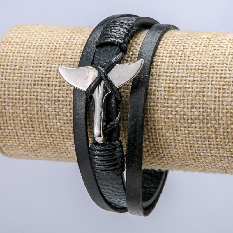 Bransoleta męska «Ogonek» z czarnej ekoskóry, grubość 9 mm +/- srebrne wstawki, długość 22 cm