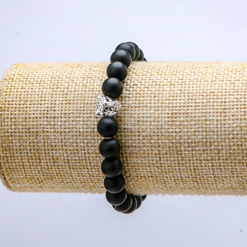 Bransoletka na gumce z szungitem sztucznym, średnica 8 mm ± Leopard, długość 18 cm ±