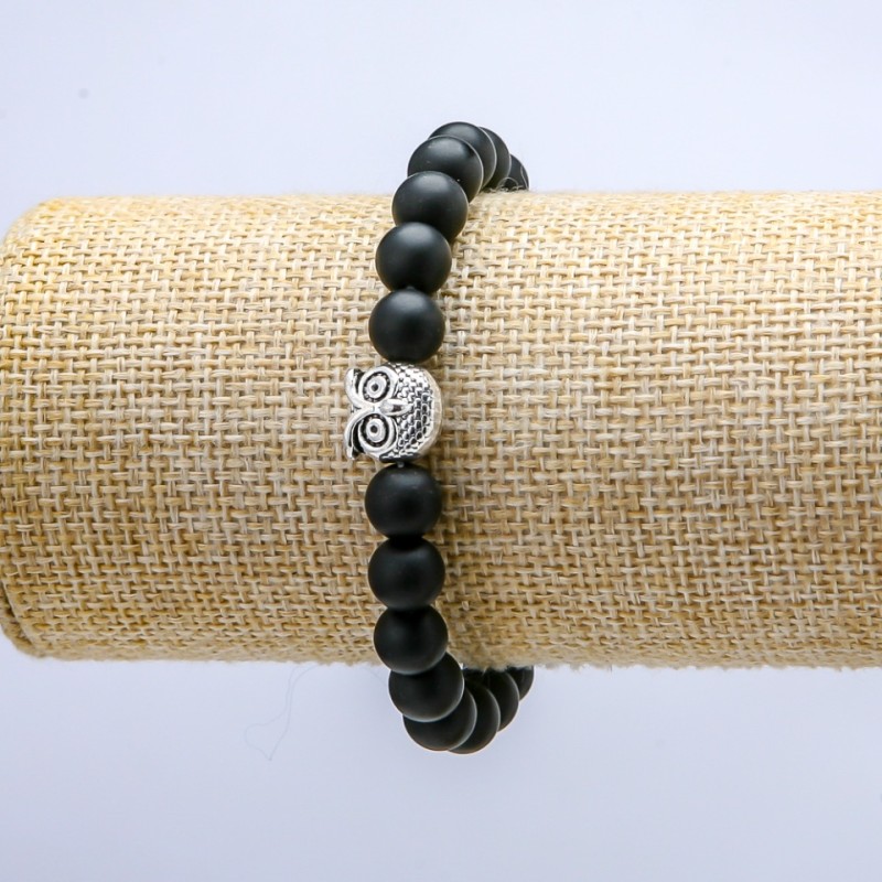 Bransoletka na gumce z szungitem sztucznym, średnica 8 mm ±, sowa, długość 18 cm+