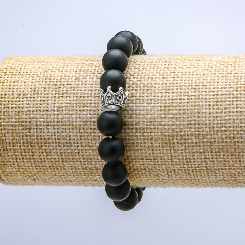 Bransoleta na elastycznej gumce z szungitem (sztuczny), średnica ok. 10 mm, korona dekoracyjna, długość 18 cm+