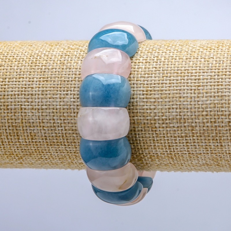 Bransoletka na gumce z naturalnych kamieni: różowy kwarc i akwamaryn, gładkie ogniwa 20×12 mm+