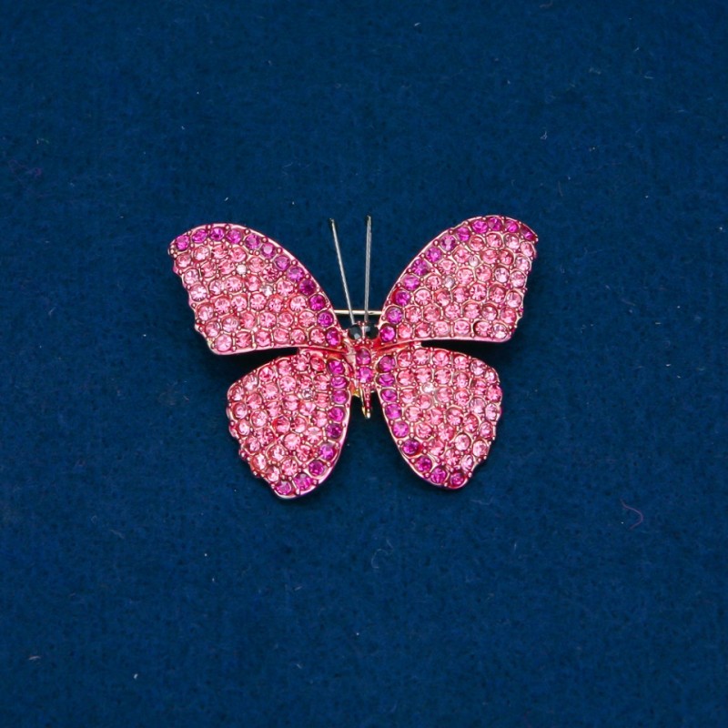 Broszka w kształcie motyla z różowymi i malinowymi cyrkoniami, metal złocisty, 35×45 mm +