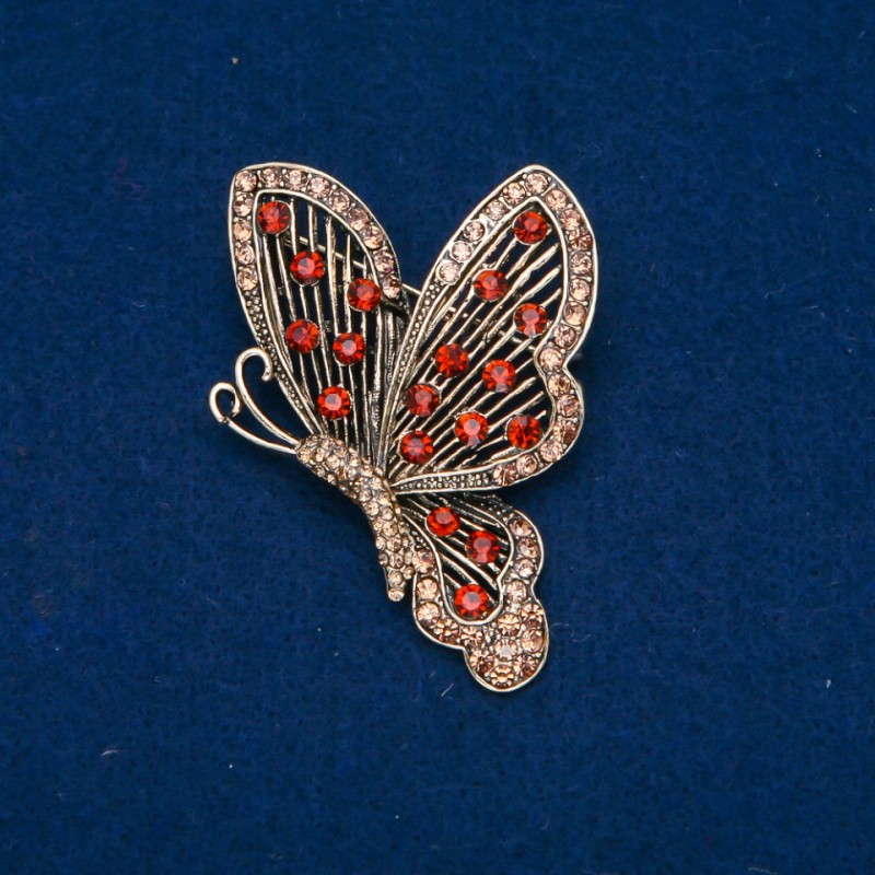 Broszka w kształcie motyla z czerwonymi i złotymi kryształkami strassowymi, złoty metal 55×40 mm +