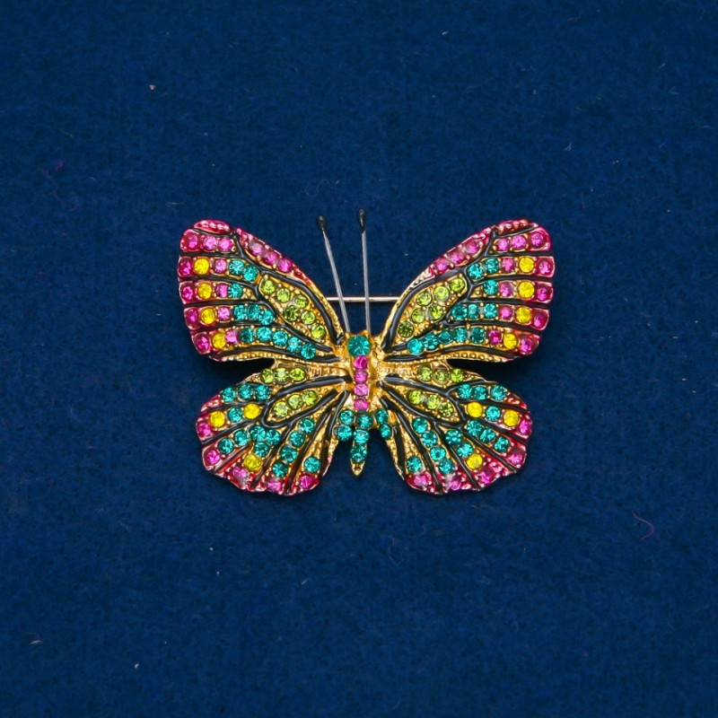 Broszka Motyl żółte, zielone, malinowe kryształy, złocisty metal 35×48 mm +