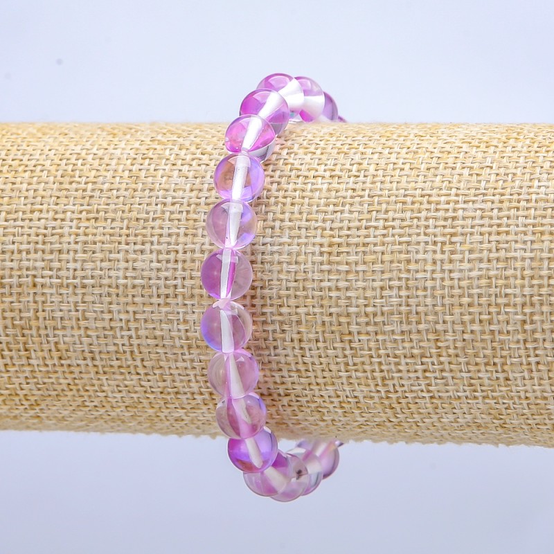 Bransoletka na gumce z opalowego szkła „Liliowy kameleon”, gładkie kuleczki, średnica 8 mm, długość 18 cm