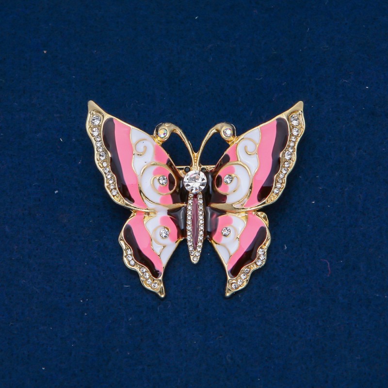 Broszka Motyl złocisty metal, emalia, białe cyrkonie 46×52 mm +
