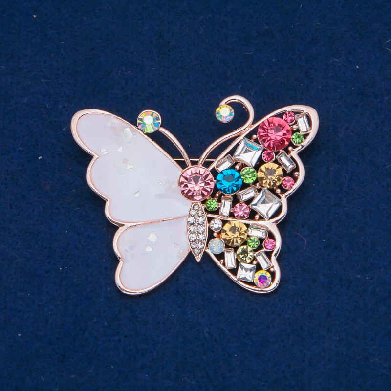 Broszka Motyl z złocistego metalu, emalia, kolorowe cyrkonie 47×58 mm +