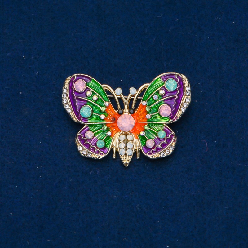 Broszka Motyl metal złocisty, emalia, różowe, zielone i białe cyrkonie 44×30 mm +