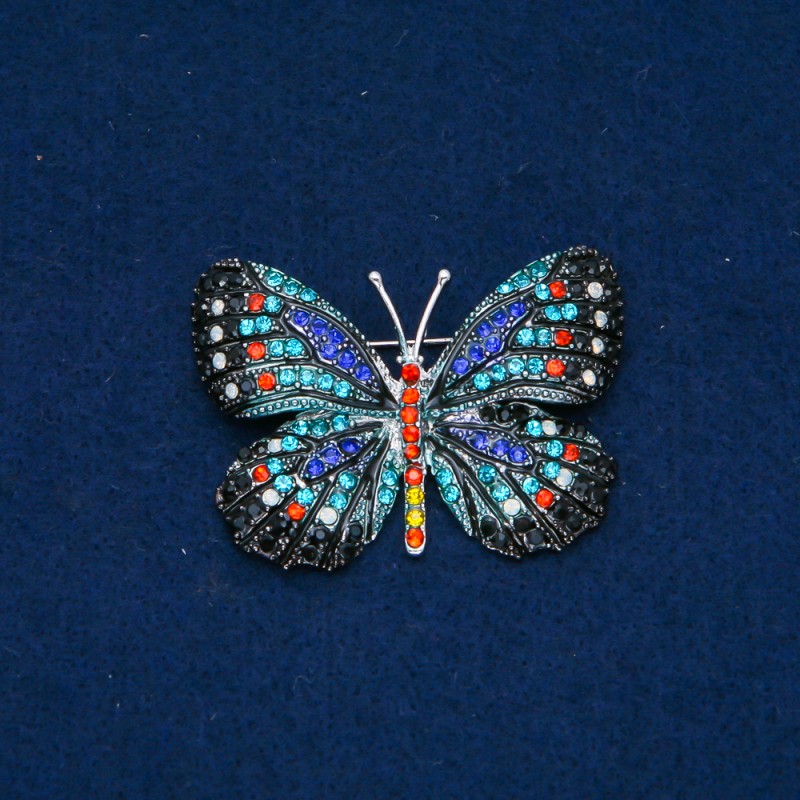 Broszka-motyl z srebrzystego metalu, kolorowe cyrkonie 35×50 mm +