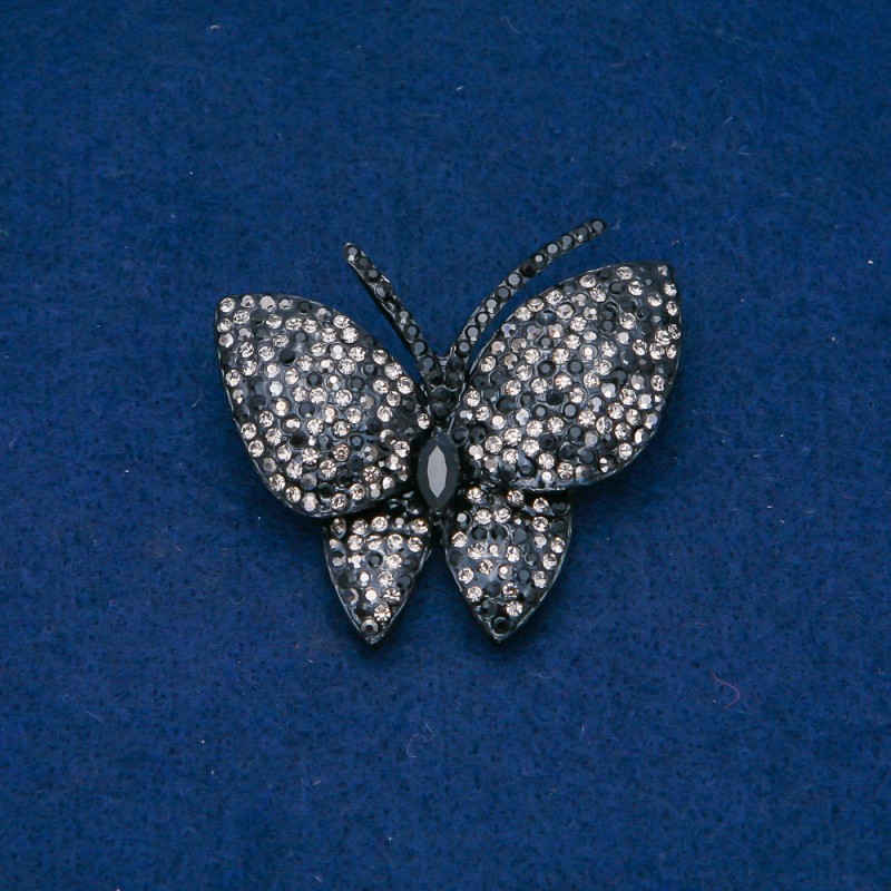 Broszka Motyl ze srebrzystego metalu, czarne i białe kryształy 44×48 mm +