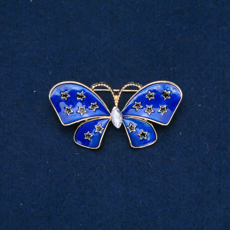 Broszka Motyl z metalem złocistym, emalią i białą cyrkonią 48×24 mm +