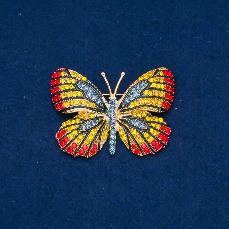 Broszka «Motyl» z złotego metalu, różnobarwne kryształy 37×50 mm +