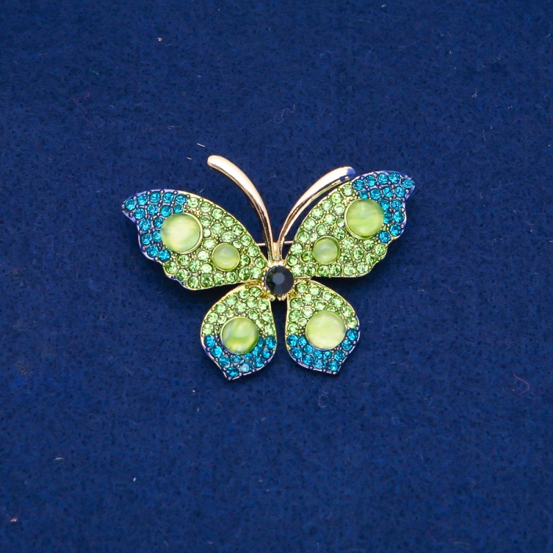 broszka Motyl z metalem złocistym, zielonymi i niebieskimi cyrkonami, koraliki 34x50 mm +