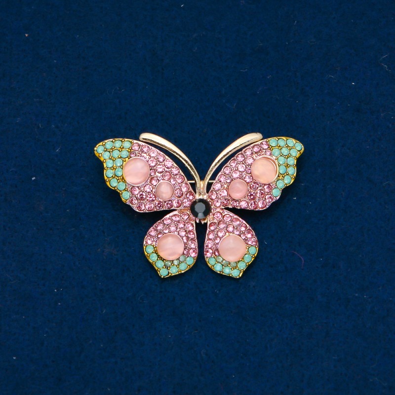 Broszka Motyl z metalem złocistym, różowymi i turkusowymi cyrkonami oraz różowymi koralikami 34×48 mm +