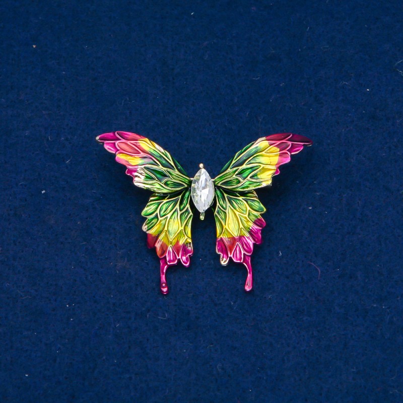 Broszka „Motyl” z emalią i białym kryształem, metal złocisty, 38×50 mm +