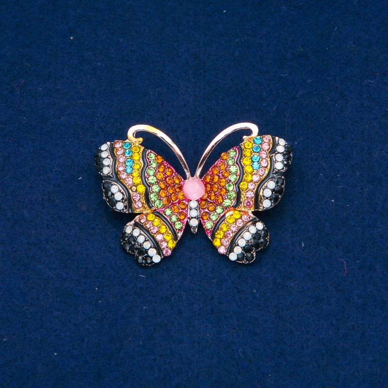 Broszka Motyl z metalem złocistym, różnokolorowe kryształy i koralik 34x45 mm +