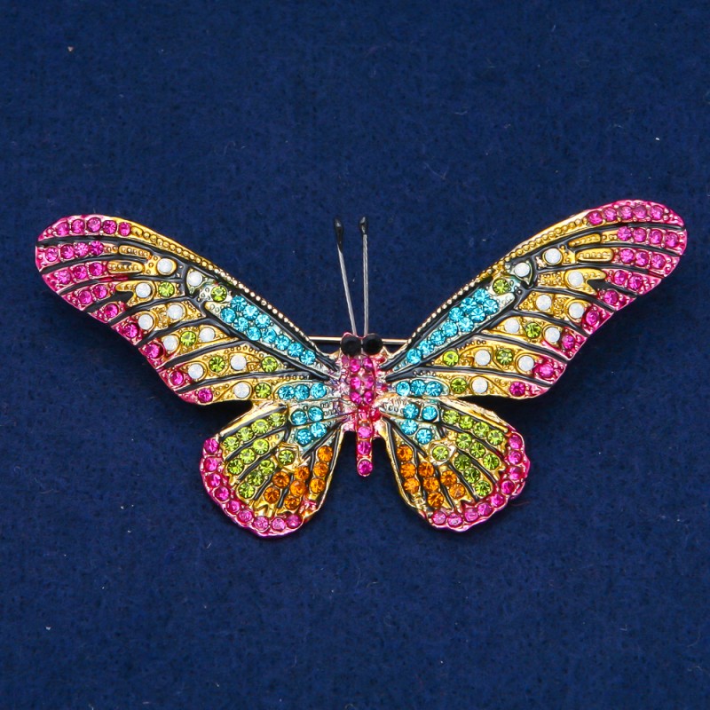 Broszka Motyl z metalu złocistego i kryształami 42×82 mm +