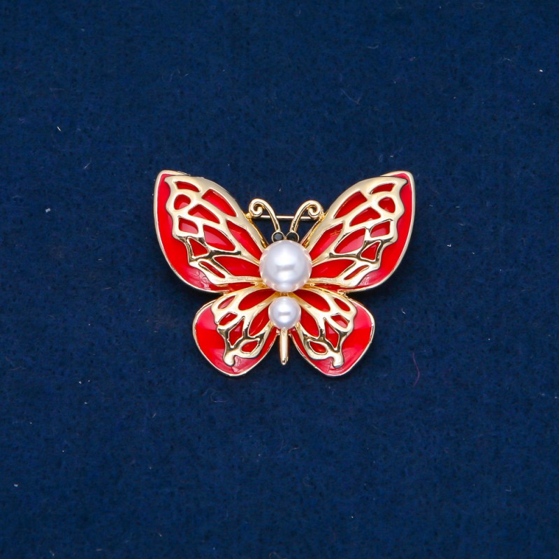 Broszka Motyl złoty metal, emalia i koraliki 30×40 mm +