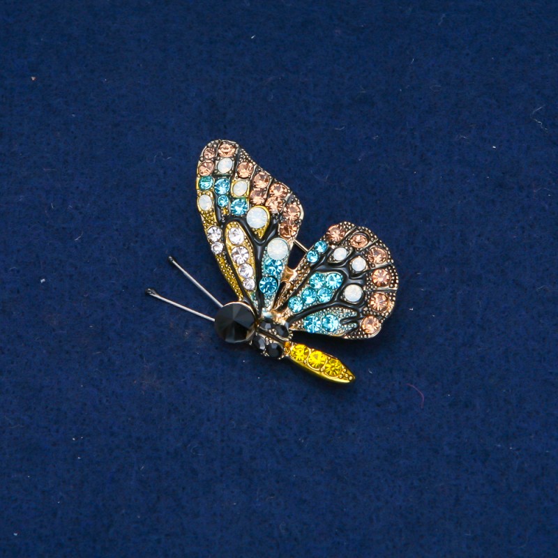 Broszka Motyl z metalem złocistym, wielobarwne kryształy 40×28 mm +
