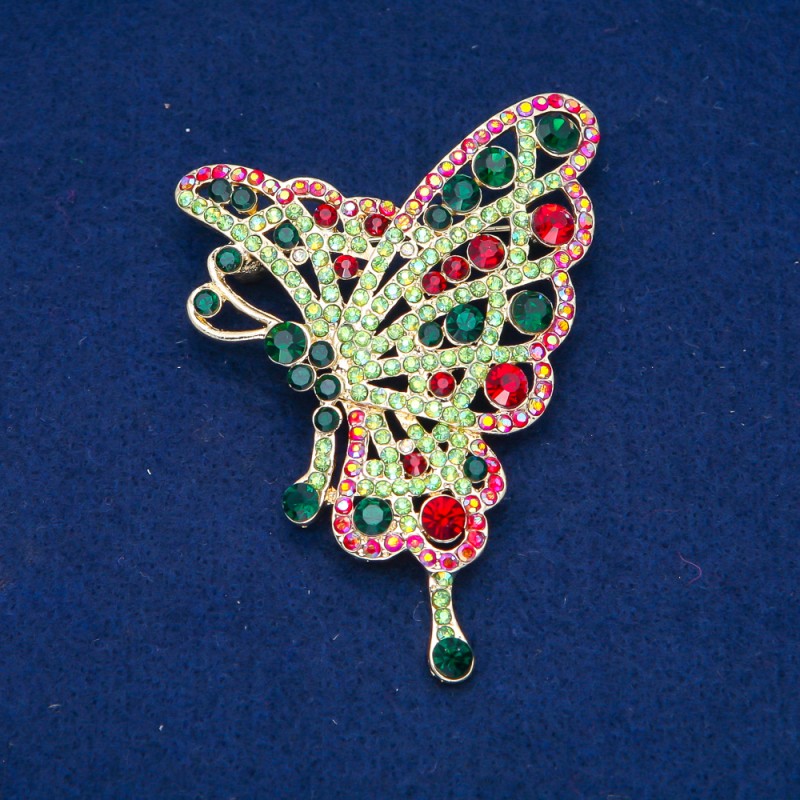 Broszka Motyl w odcieniach limonkowego, zielonego, bordowego i benzynowego, z kryształkami strass, złocistym metalem 75×50 mm
