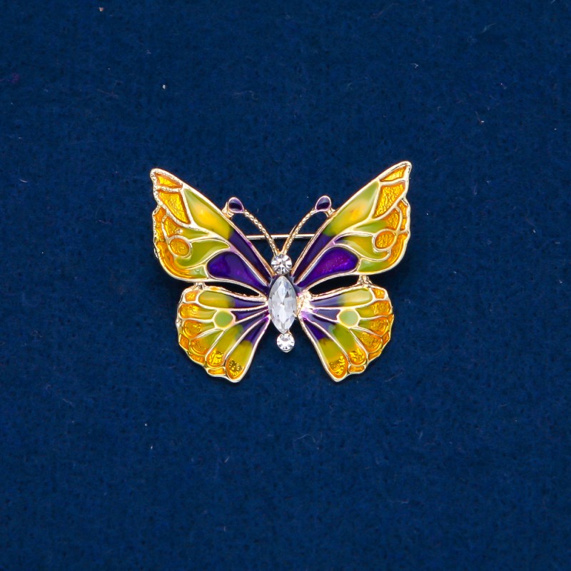 Broszka Motyl z metalicznego złotego koloru i emalii, biała cyrkonia 37×30 mm +
