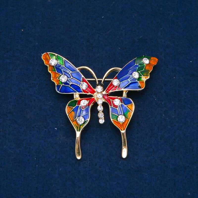 Broszka Motyl z metalem złocistym, emalią i białymi cyrkoniami 48×54 mm +