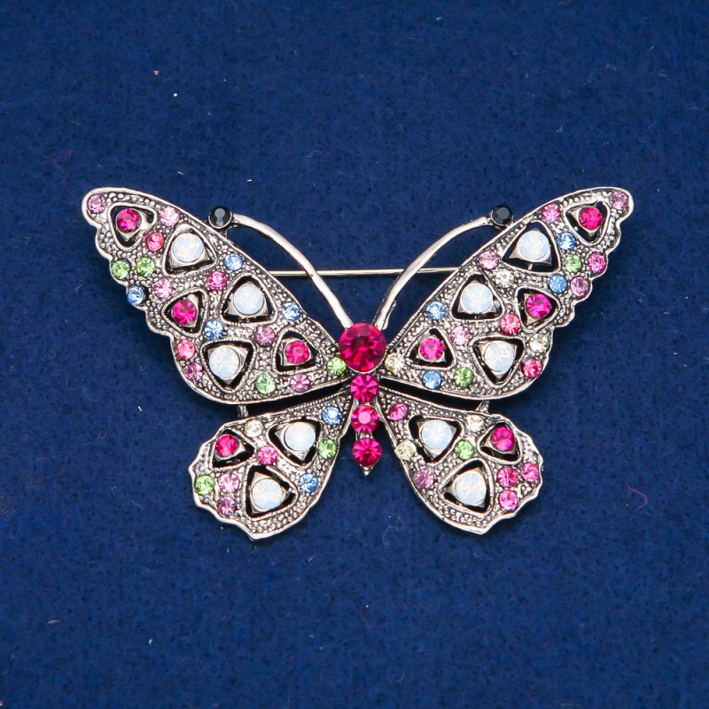 Broszka Motyl z metalu złocistego, różnobarwne kryształki strass 46×70 mm +