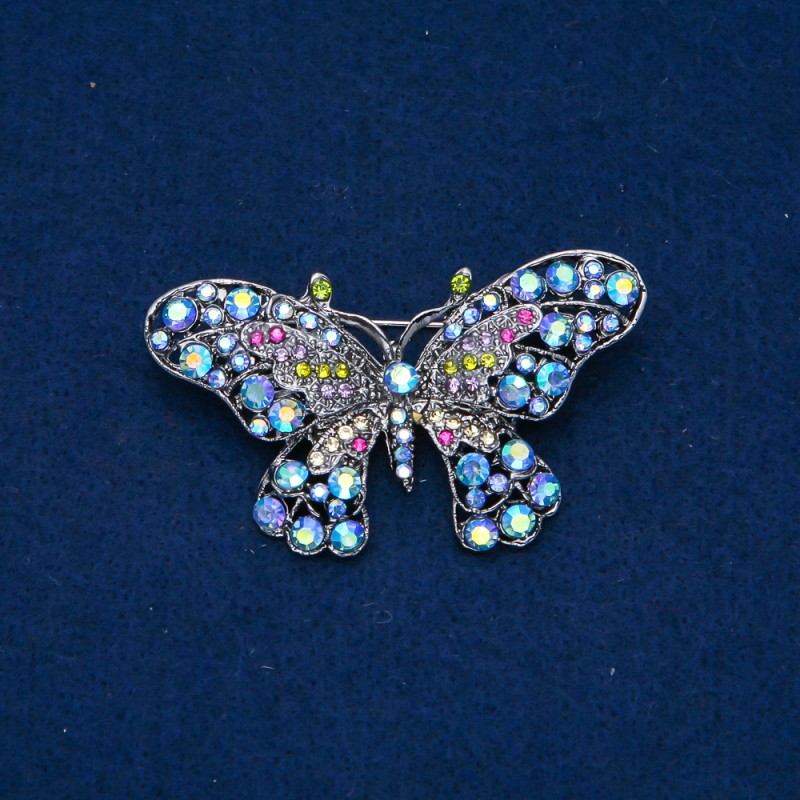 Broszka Motyl w srebrzystym metalu, kolorowe kryształy 32×60 mm +