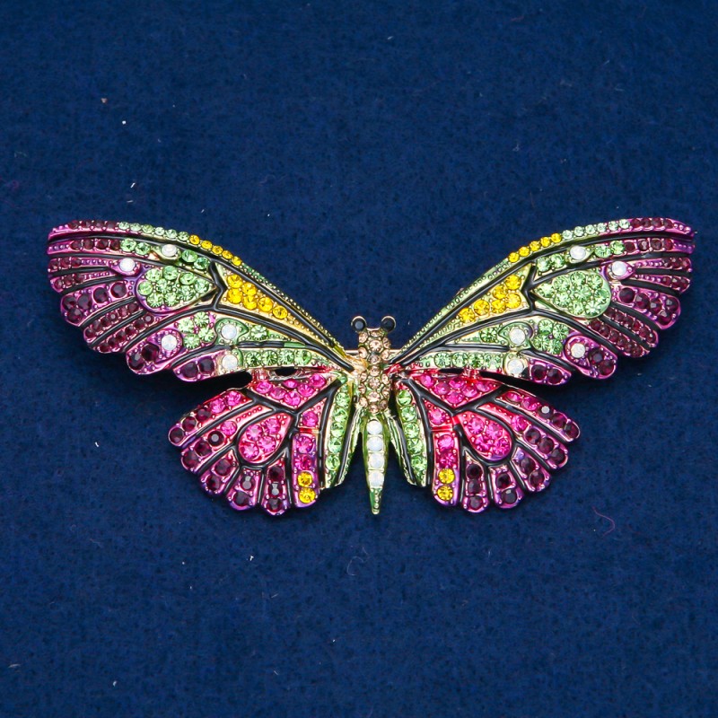 Broszka Motyl złocisty metal, emalia i różnokolorowe kryształy strassowe 35×82 mm +