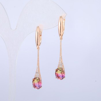 Kolczyki Xuping pozłacane 18K z zielono-malinowymi kryształami Swarovskiego i białymi cyrkoniami, długość 46 mm +
