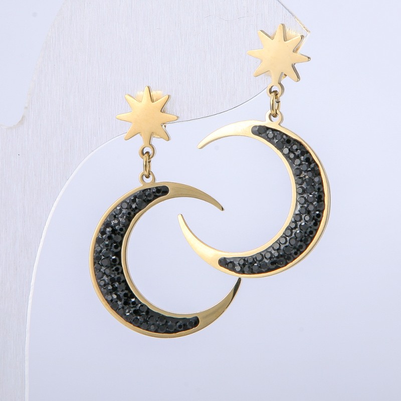Kolczyki Księżyc Xuping, kolczyki wkrętki, pozłacane 18K z czarnymi kryształami, średnica 20 mm, długość 32 mm
