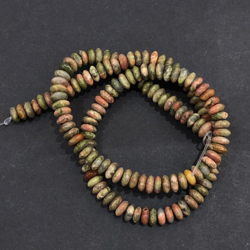Koraliki na nitce z naturalnego kamienia: jaspis heliotrop unakit gładkie rondelki, średnica 6×3 mm, długość 39 cm + -