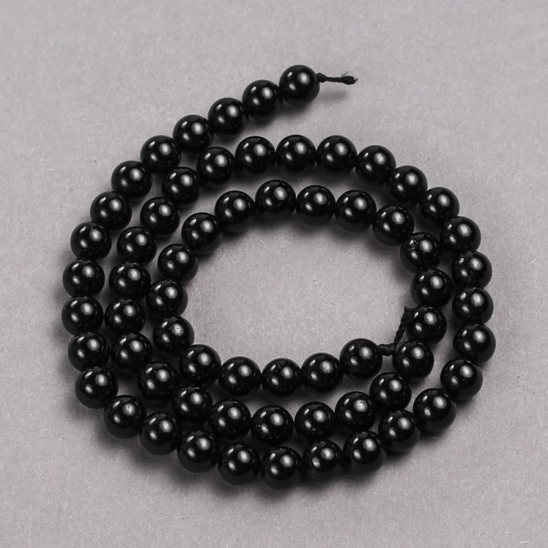 Koraliki z czarnego turmalinu, naturalny kamień, gładka kulka, średnica 6 mm ±, długość 39 cm ± na nici