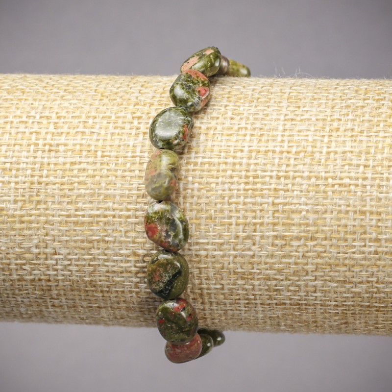 Bransoletka na gumce z naturalnego kamienia: jaspis, heliotrop i unakit, gładkie owalne koraliki, średnica 10x8 mm ±, długość 18 cm