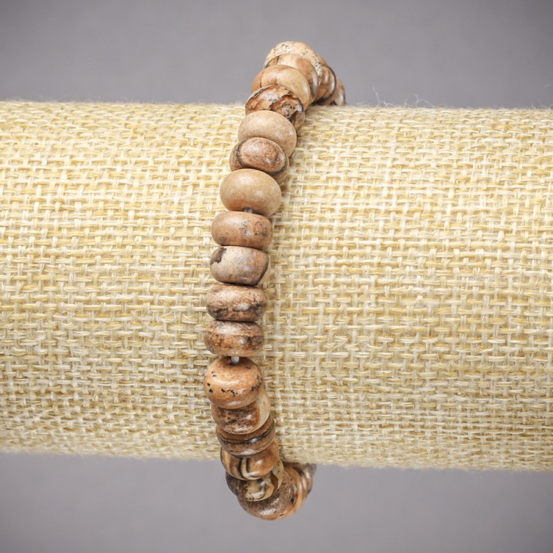 Bransoletka na gumce z pejzażowego jaspisu – gładkie rondelki o wymiarach około 8×5 mm, długość 18 cm