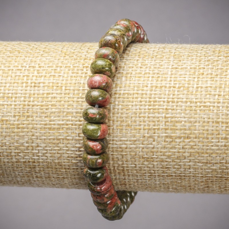 Bransoletka na gumce z naturalnego kamienia: jaspis, heliotrop, unakit — gładkie rondelki, średnica około 8×5 mm, długość 18 cm