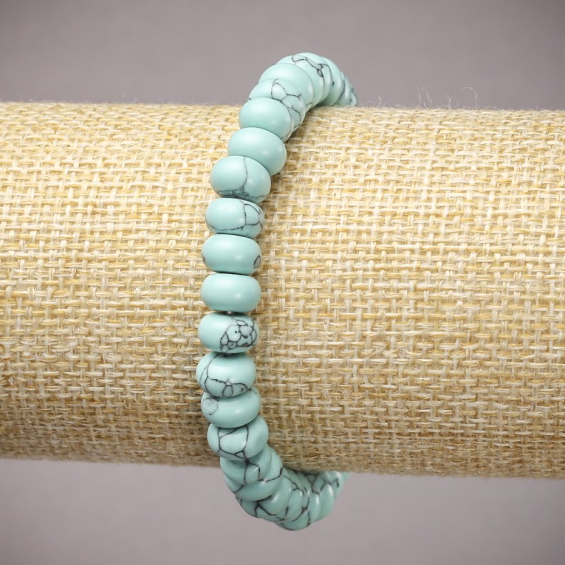 Bransoletka na gumce z turkusowych rondelków sztucznych, gładkie rondelki, średnica 8×5 mm, długość 18 cm