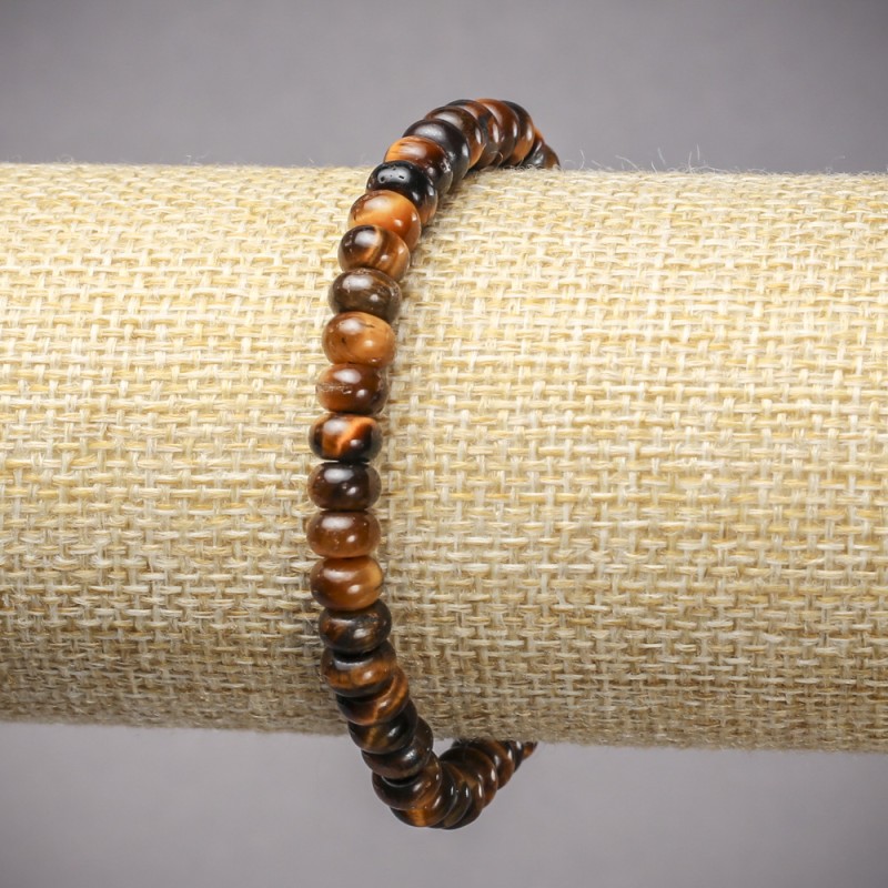 Bransoletka na gumce z naturalnego kamienia – tygrysie oko, gładkie rondelki, średnica 6×4 mm, długość 18 cm