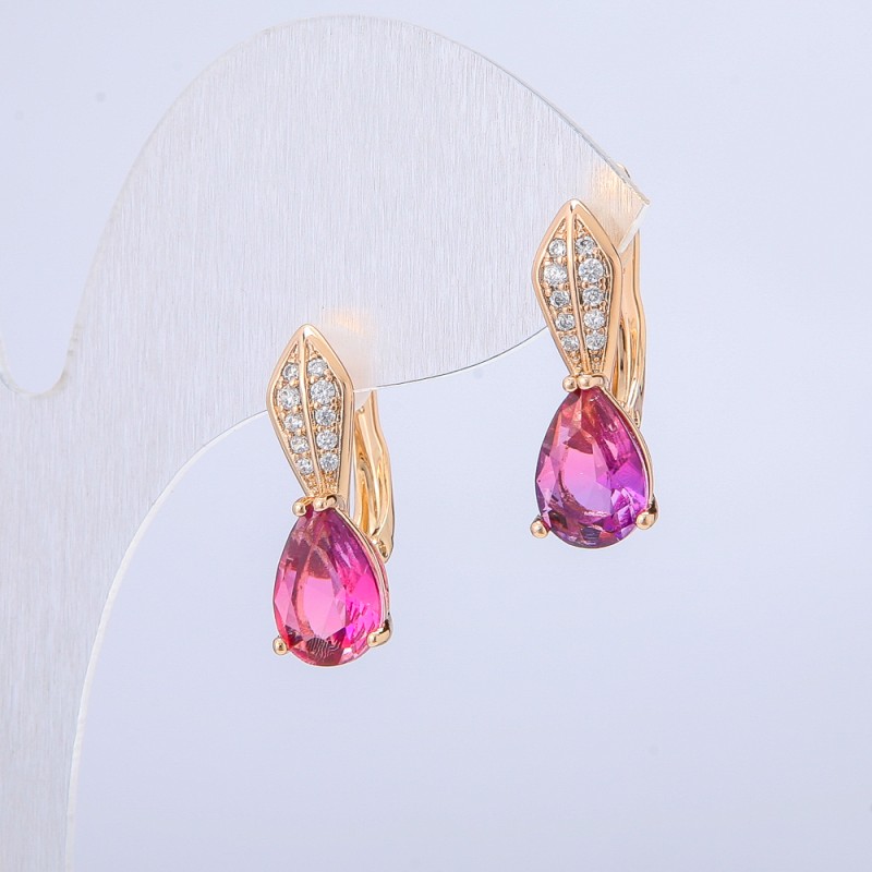 Kolczyki Xuping Pozłacane 18K z białymi cyrkoniami i malinowym kryształem, średnica 20×6 mm +