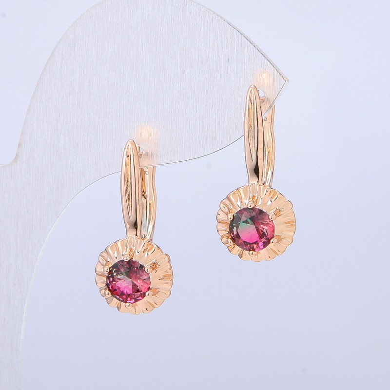 Kolczyki Xuping pozłacane 18K z zielono-malinowym kryształem, wymiary 27 x 10 mm +