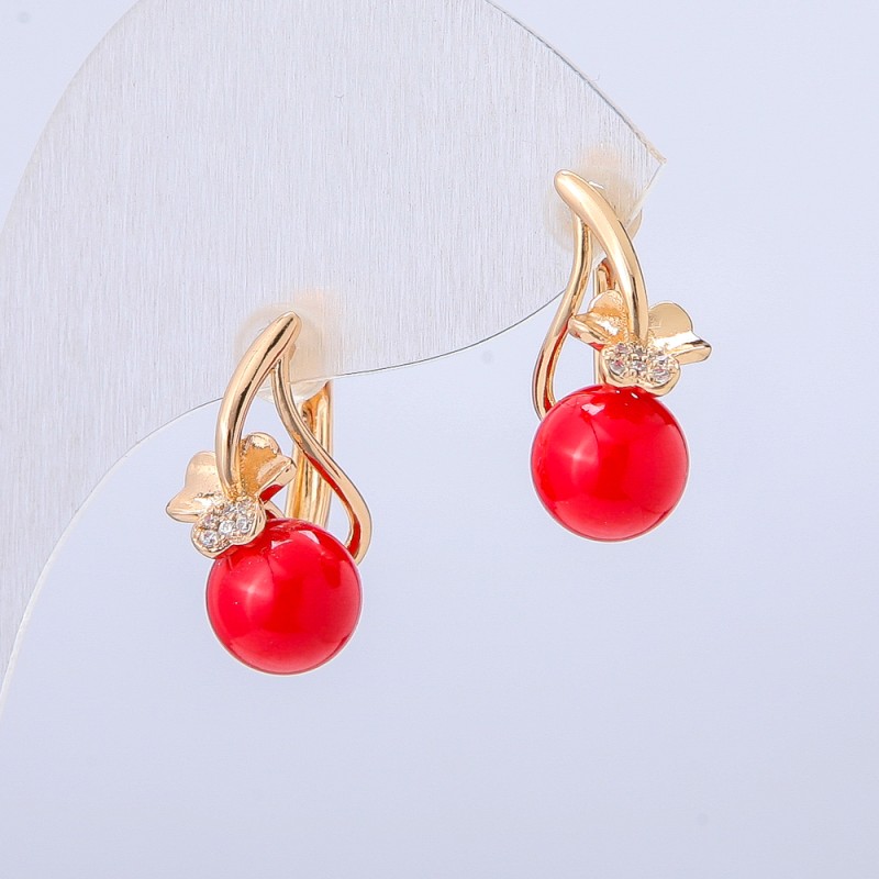 Kolczyki Xuping pozłacane 18K z białymi kryształami i czerwonymi koralikami, średnica 19x8 mm +