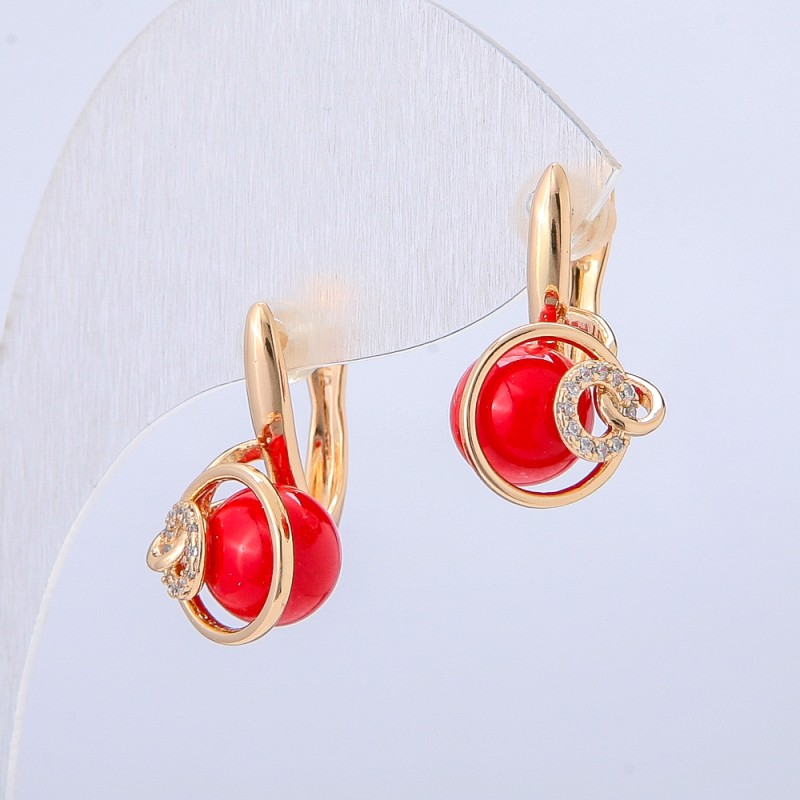 Kolczyki Xuping z pozłaceniem 18K, z białymi kryształami i czerwonym koralikiem, średnica 18x10 mm +
