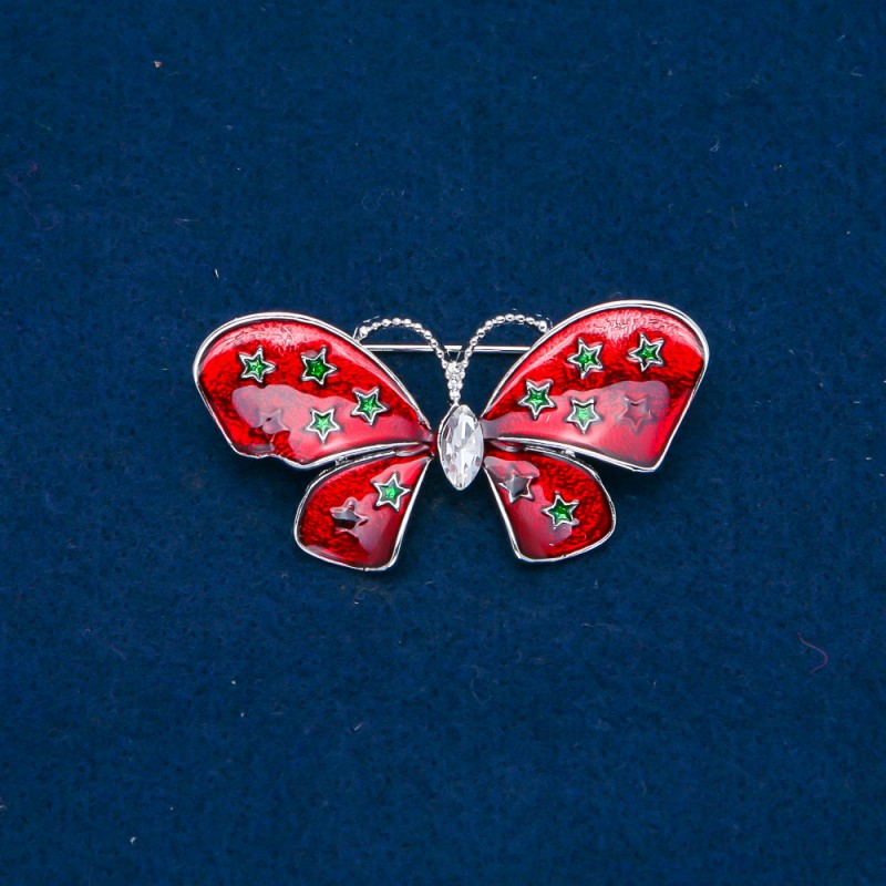 Broszka motyl złocisty metal, emalia i biała cyrkonia 48×24 mm +