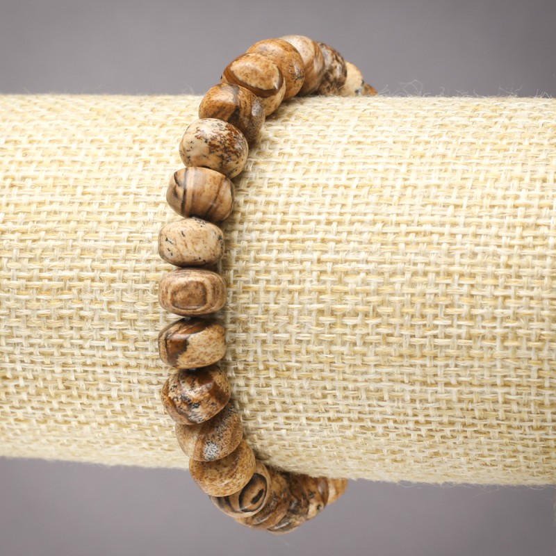 Bransoletka na gumce z naturalnego kamienia – jaspis pejzażowy, gładki rondel, średnica 9×7 mm+