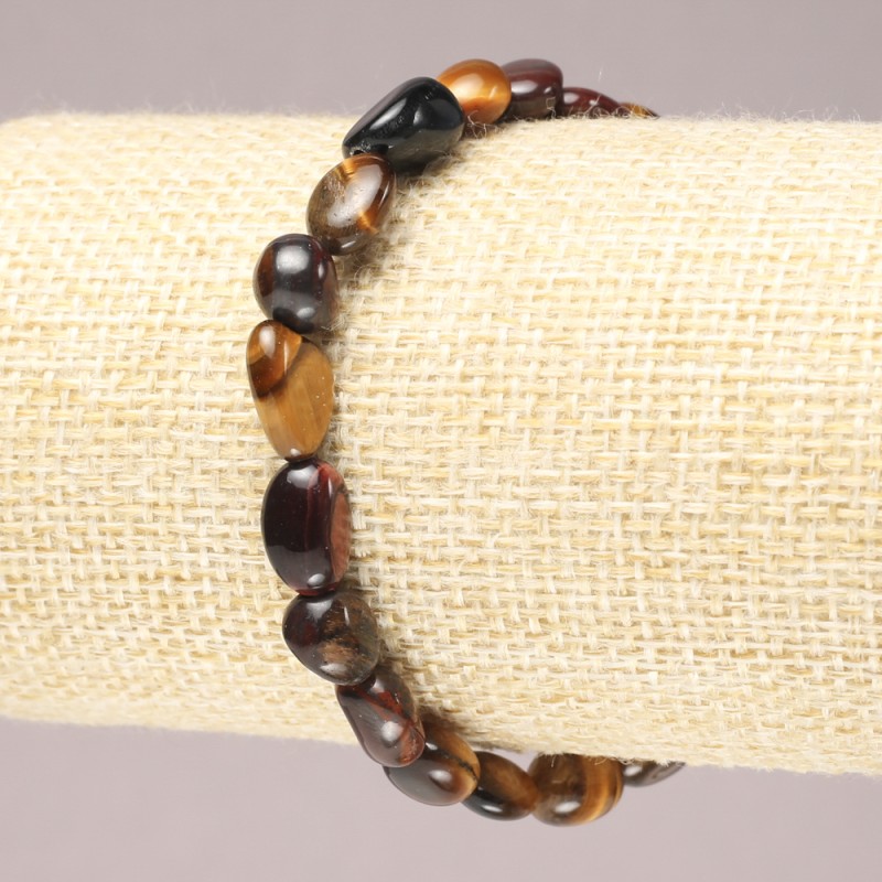 Bransoletka na gumce z naturalnych kamieni: oko bycze, sokole oko i tygrysie oko, polerowanie, średnica 6×8 mm+