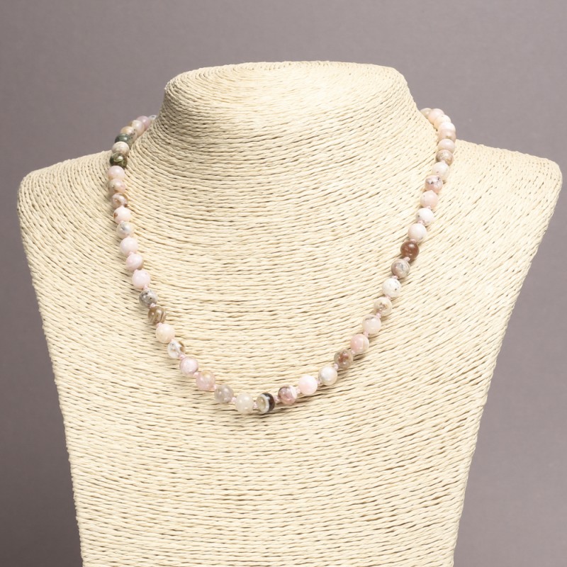Naszyjnica z naturalnego kamienia – różowy opal, gładkie kulki o średnicy 6 mm, długość 45 cm
