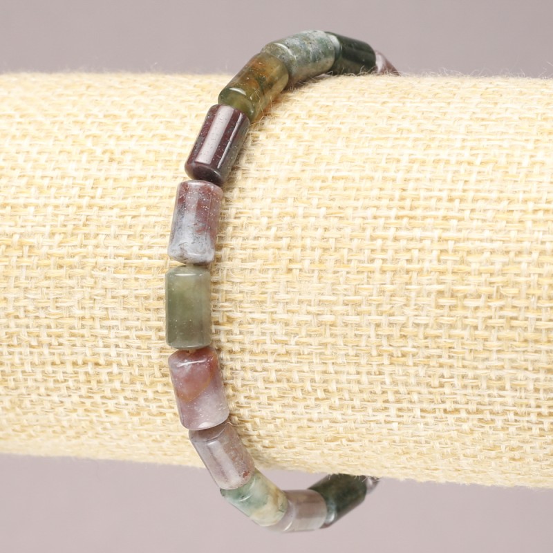 Bransoletka na gumce z naturalnego kamienia – jaspis różnobarwny, gładkie cylindryczne koraliki, średnica 10×6 mm