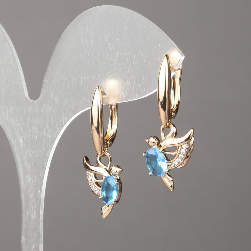 Kolczyki Xuping pozłacane 18K z białymi cyrkoniami i błękitnymi kryształami 34×12 mm +