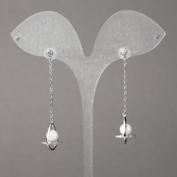 Kolczyki Xuping rhodiowane z białymi kryształami i koralikami 15×11 mm + -, długość 50 mm + -, grubość 1,1 mm +