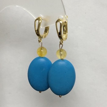 Kolczyki niebieska Turquoise (kamień naturalny, sztuczny ) owal 18x25 mm+- i Cytryn gładka kulka 8 mm+- , długość 50 mm+-